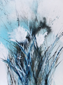 Abstraktes Gemälde in Acryl-Mischtechnik „Schneerosen“ in Blau, Petrol, Grau und Weiß, 60 × 80 cm