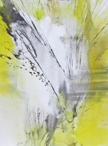 Abstrakte Arbeit in Acryl-Mischtechnik „High Energy“ in intensivem Zitronengelb, Weiß und Grau, 60 × 80 cm