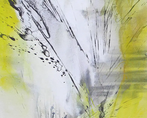 Abstrakte Arbeit in Acryl-Mischtechnik „High Energy“ in intensivem Zitronengelb, Weiß und Grau, 60 × 80 cm