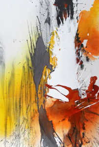 Acryl-Mischtechnik auf Leinwand „Aqua Acryl“ in hellem Weiß, Grau, warmem Gelb und Orangeakzenten, 60 × 90 cm