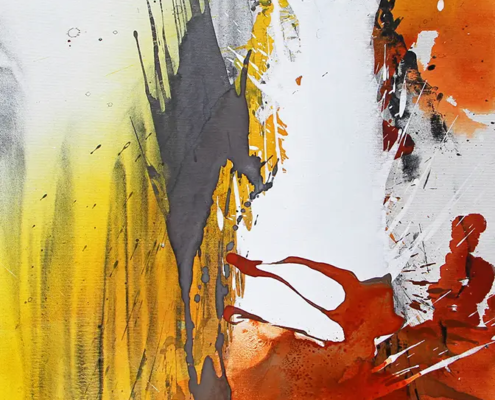 Acryl-Mischtechnik auf Leinwand „Aqua Acryl“ in hellem Weiß, Grau, warmem Gelb und Orangeakzenten, 60 × 90 cm