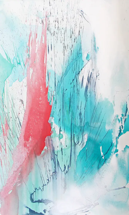 Abstrakte Arbeit in Acryl-Mischtechnik „Blick in die Wirklichkeit“ in Türkis und Rot, 60 × 100 cm