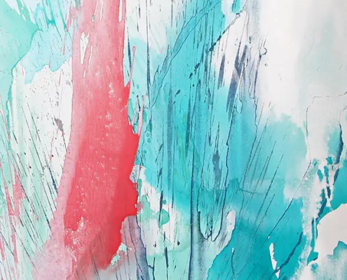 Abstrakte Arbeit in Acryl-Mischtechnik „Blick in die Wirklichkeit“ in Türkis und Rot, 60 × 100 cm