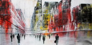 Abstraktes Acryl-Mischtechnik-Stadtbild „City Scape“ in Rot, Gelb, Schwarz und Weiß, 50 × 100 cm