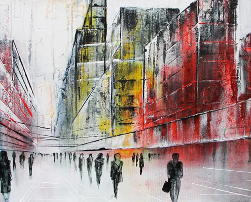 Abstraktes Acryl-Mischtechnik-Stadtbild „City Scape“ in Rot, Gelb, Schwarz und Weiß, 50 × 100 cm