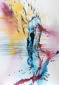 Acryl-Mischtechnik-Komposition „Twins“ in Gelb, Orange, Rot sowie Grau und Weiß, 70 × 100 cm