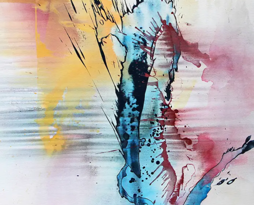 Acryl-Mischtechnik-Komposition „Twins“ in Gelb, Orange, Rot sowie Grau und Weiß, 70 × 100 cm