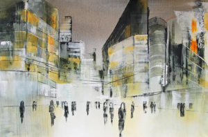 Abstraktes Acryl-Mischtechnik-Stadtbild „Cityscape I“ in Grau, Weiß und dezenten Gelbtönen, 60 × 90 cm