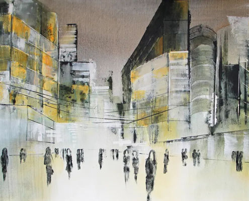 Abstraktes Acryl-Mischtechnik-Stadtbild „Cityscape I“ in Grau, Weiß und dezenten Gelbtönen, 60 × 90 cm