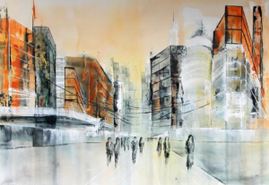 Acryl-Mischtechnik-Stadtbild „Cityscape II“ in Orange, Grau und Weiß, 70 × 100 cm