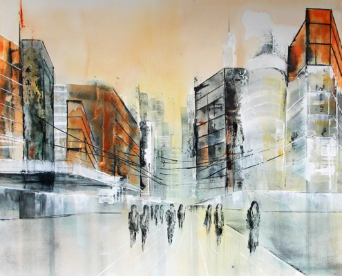 Acryl-Mischtechnik-Stadtbild „Cityscape II“ in Orange, Grau und Weiß, 70 × 100 cm