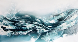 Abstraktes Acryl-Mischtechnik-Bild „Eismeer“ in Blau, Petrol und Weiß, 45 × 80 cm