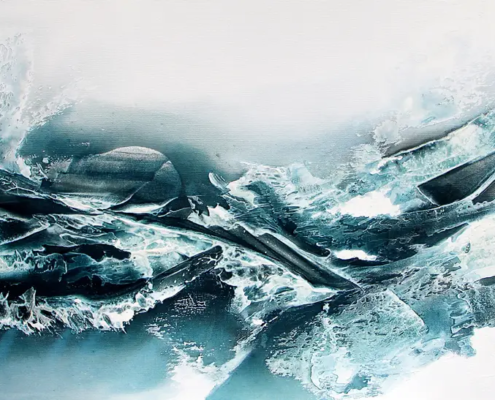 Abstraktes Acryl-Mischtechnik-Bild „Eismeer“ in Blau, Petrol und Weiß, 45 × 80 cm