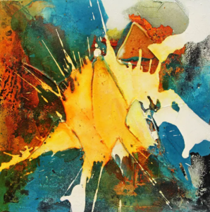 Kosmisches Feuer, 2024, 40 × 40 cm Judith-Zila-Kunst-Kunsttherapie-Galerie-2024-Kosmisches-Feuer-40x40-Acryl-Mischtechnik