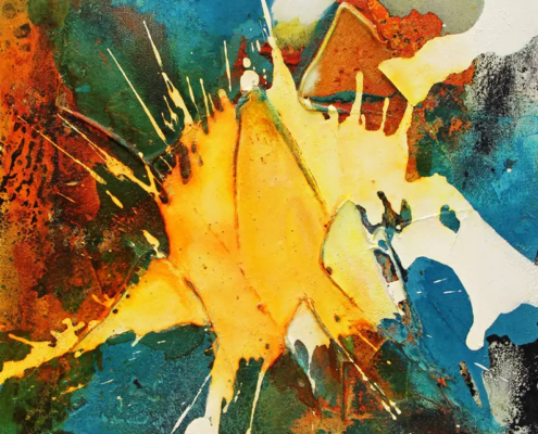 Kosmisches Feuer, 2024, 40 × 40 cm Judith-Zila-Kunst-Kunsttherapie-Galerie-2024-Kosmisches-Feuer-40x40-Acryl-Mischtechnik