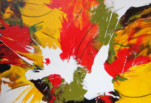 Abstraktes Acryl-Mischtechnik-Bild „Ankes Welt“ in leuchtendem Rot, Gelb, Grün und Weiß, 70 × 100 cm
