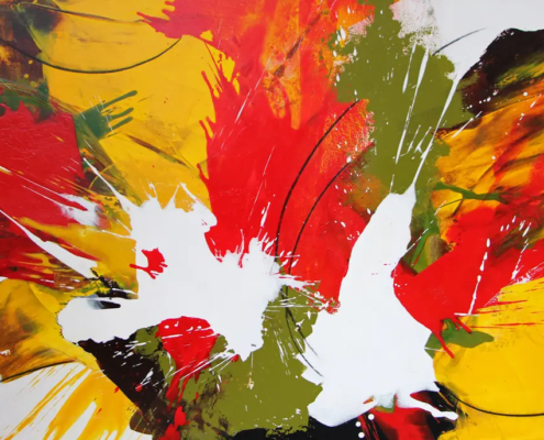 Abstraktes Acryl-Mischtechnik-Bild „Ankes Welt“ in leuchtendem Rot, Gelb, Grün und Weiß, 70 × 100 cm