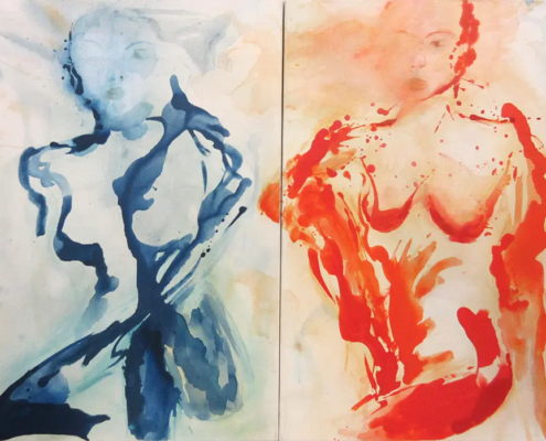 Judith-Zila-Kunst-Kunsttherapie-Galerie-2013-Friends-Diptychon-je-50x70-Acryl. Verkauft